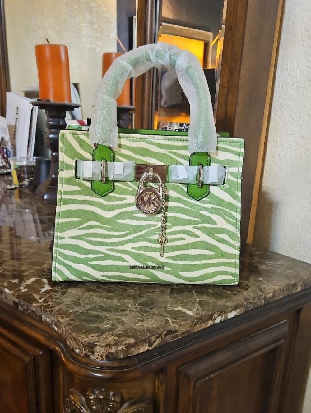 New Michael Kors Green & White Zebra-Print Leather Satchel
